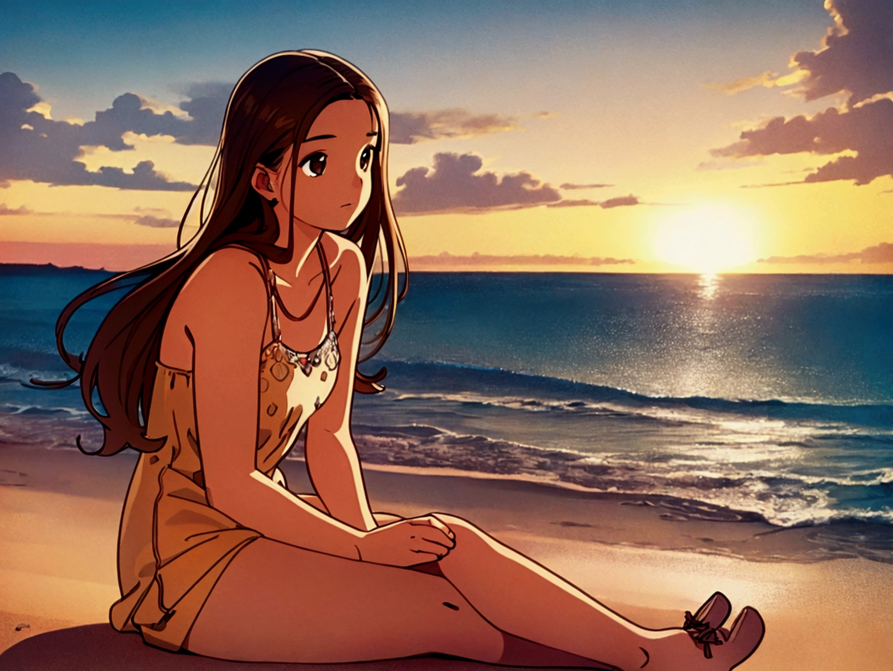 a young woman on a beach, long brown hair, peaceful expression, sitting on the sand, sun shining, ocean waves in the background, lofi, muted colors, soft lighting, detailed facial features, elegant pose, beautiful scenery, cinematic atmosphere, serene mood, photorealistic, highly detailed, 8k