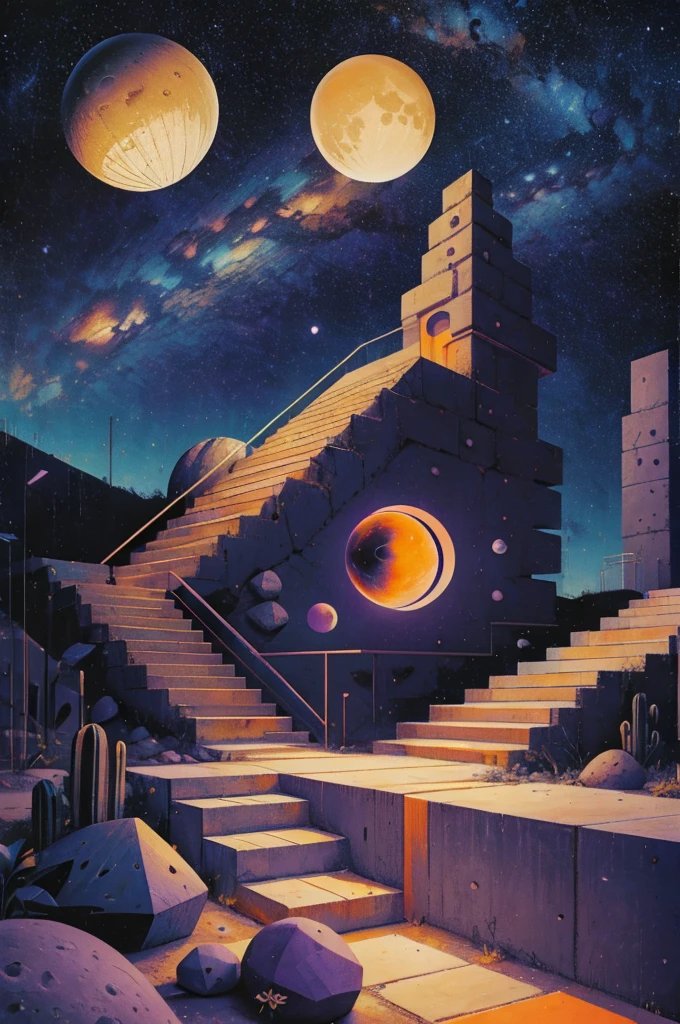 An illustration in collage style, with giant boulders, brutalist building sections, terraces, stairs, cacti, agave, concrete texture, multiple geometric shapes, hatch and cross hatching, planet saturn, volcano, moon, Luis Barragán's architectural style build, milky way galaxy, violet and orange