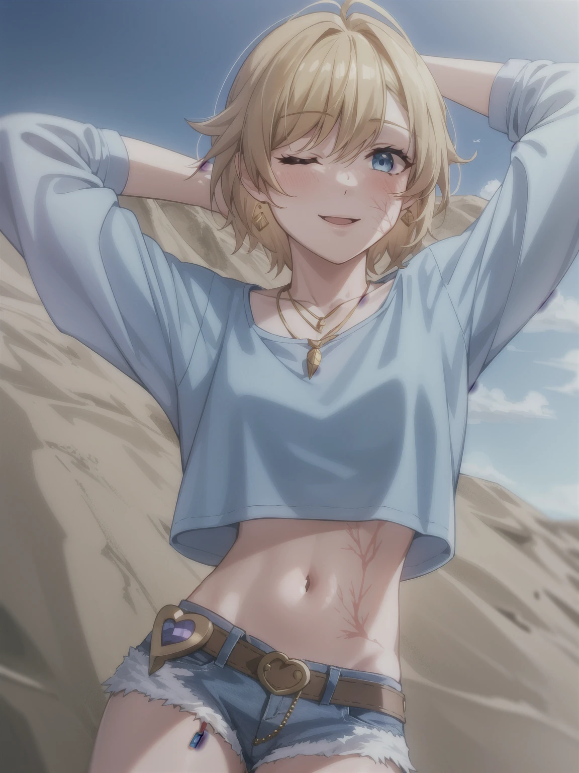 wattson (apex legends), masterpiece, best quality, 1girl, solo, one eye closed, shorts, belt, blue eyes, open mouth, blonde hair, bird, necklace, smile, denim, dove, navel, looking at viewer, blush, jewelry, denim shorts, arms up, bead necklace, midriff, beads, long sleeves, scar, scar on face, scar on cheek, burn scar, bangs,