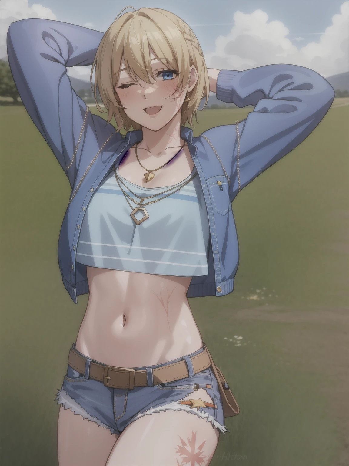 wattson (apex legends), masterpiece, best quality, 1girl, solo, one eye closed, shorts, belt, blue eyes, open mouth, blonde hair, bird, necklace, smile, denim, dove, navel, looking at viewer, blush, jewelry, denim shorts, arms up, bead necklace, midriff, beads, long sleeves, scar, scar on face, scar on cheek, burn scar, bangs,