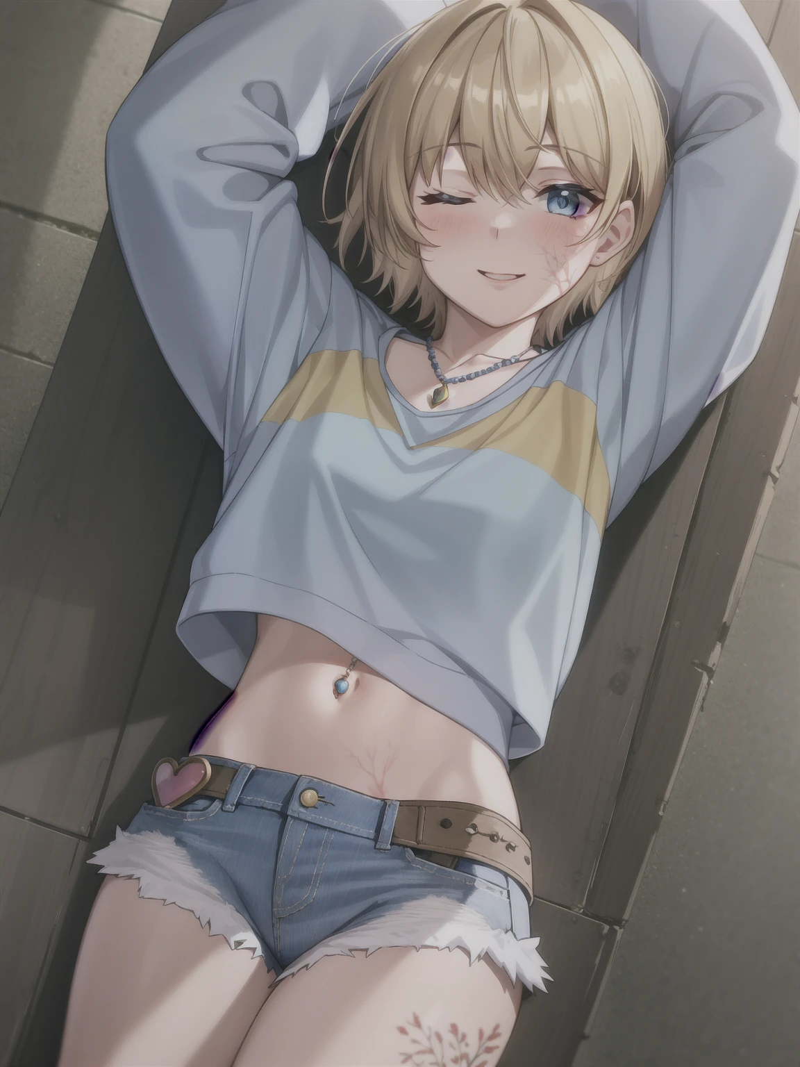 wattson (apex legends), masterpiece, best quality, 1girl, solo, one eye closed, shorts, belt, blue eyes, open mouth, blonde hair, bird, necklace, smile, denim, dove, navel, looking at viewer, blush, jewelry, denim shorts, arms up, bead necklace, midriff, beads, long sleeves, scar, scar on face, scar on cheek, burn scar, bangs,