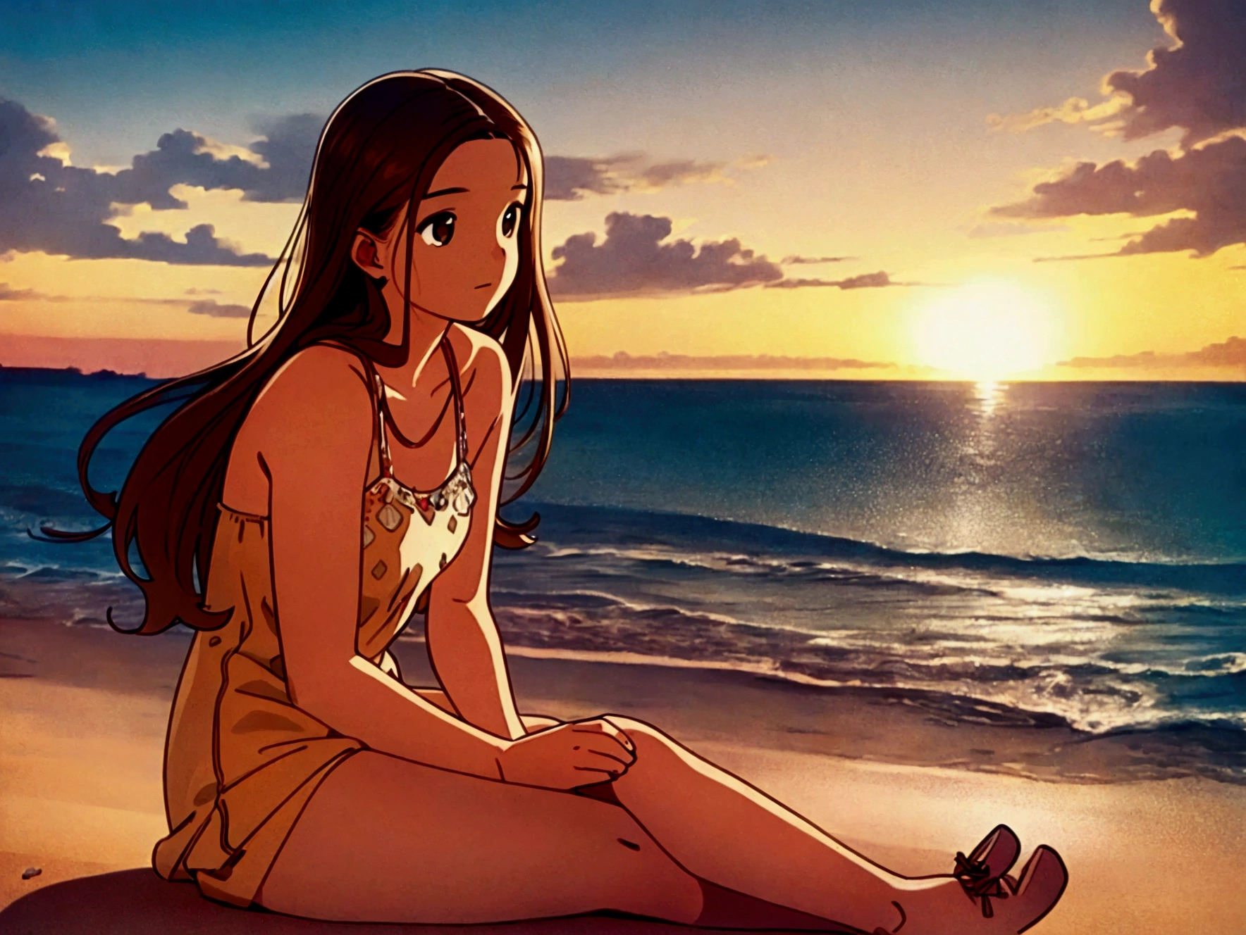 a young woman on a beach, long brown hair, peaceful expression, sitting on the sand, sun shining, ocean waves in the background, lofi, muted colors, soft lighting, detailed facial features, elegant pose, beautiful scenery, cinematic atmosphere, serene mood, photorealistic, highly detailed, 8k