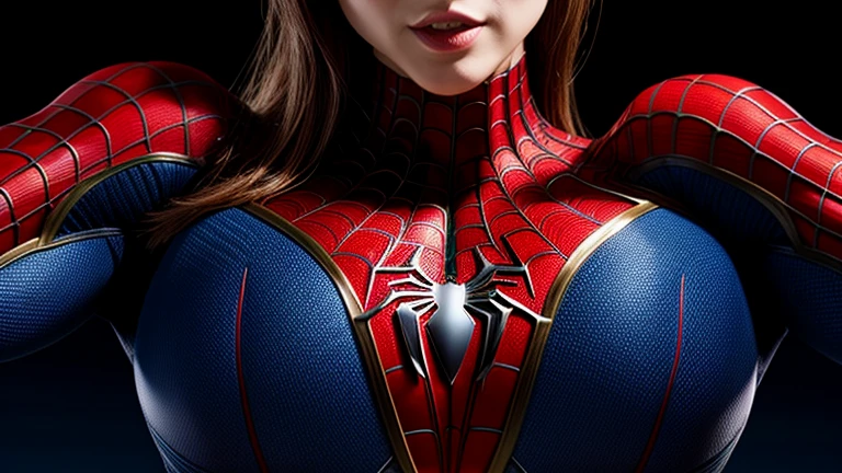 Beautiful woman of European appearance in a detailed Spider-Man costume, big breastes, laughting, ssmile, Joyful, Portrait on the background in a ruined city at sunset, hyper-detailing, Smoke, sparks, sunlight rays (8 thousand), Realistic, Symmetrical, Award-winning, Cinematic Lightning, impregnated with film, 75 mm, scratches,  a closeup of a, torn and dirty clothes, detailized face,
