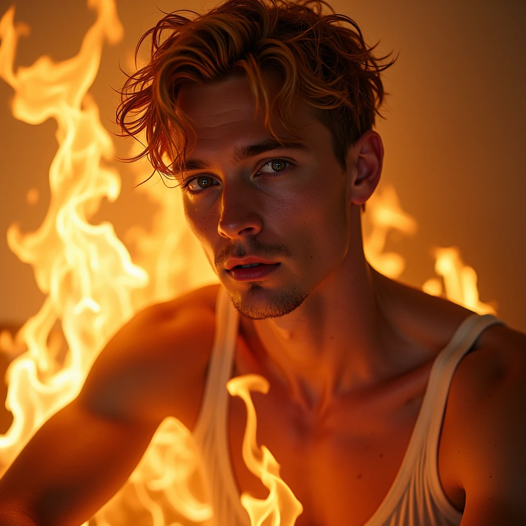 a handsome attractive slender German man, short wavy spiky blond hair, with light blue eyes, muscular torso, wearing a firefighter uniform, background of a burning room
