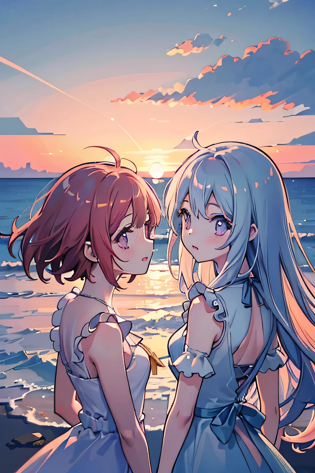 (Absurd, High resolution, Super detailed), ((2 girls look at each other)), lily　Beautiful dress　Rear view　Upper Body　Seaside　sunset　Beautiful sky　