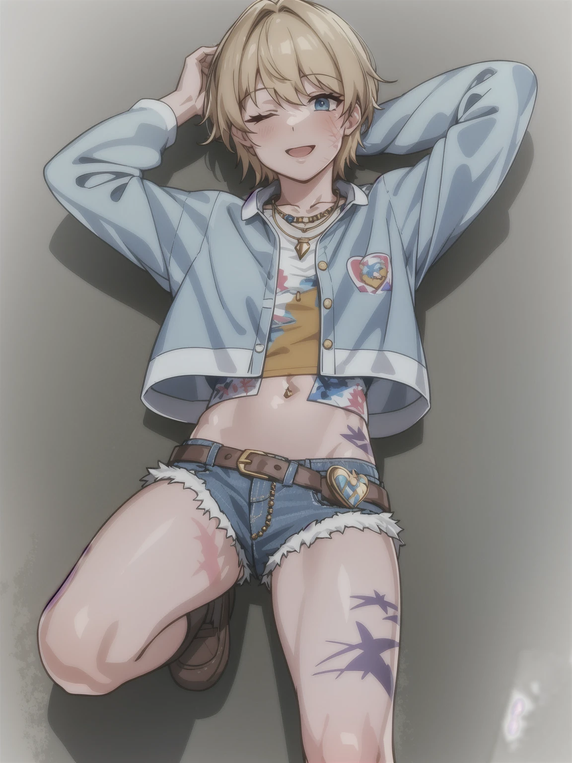 wattson (apex legends), masterpiece, best quality, 1girl, solo, one eye closed, shorts, belt, blue eyes, open mouth, blonde hair, bird, necklace, smile, denim, dove,  (fullbody), navel, looking at viewer, blush, jewelry, denim shorts, arms up, bead necklace, midriff, beads, long sleeves, scar, scar on face, scar on cheek, burn scar, bangs,