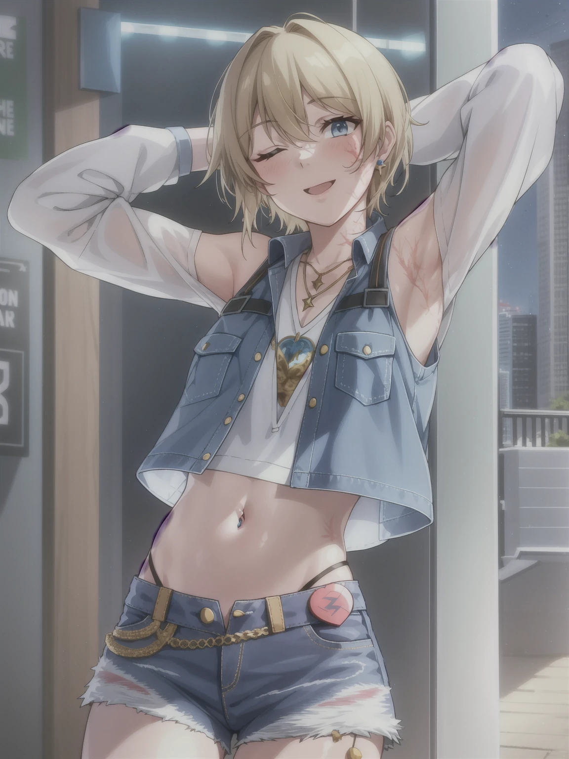 wattson (apex legends), masterpiece, best quality, 1girl, solo, one eye closed, shorts, belt, blue eyes, open mouth, blonde hair, bird, necklace, smile, denim, dove,  (fullbody), navel, looking at viewer, blush, jewelry, denim shorts, arms up, bead necklace, midriff, beads, long sleeves, scar, scar on face, scar on cheek, burn scar, bangs,