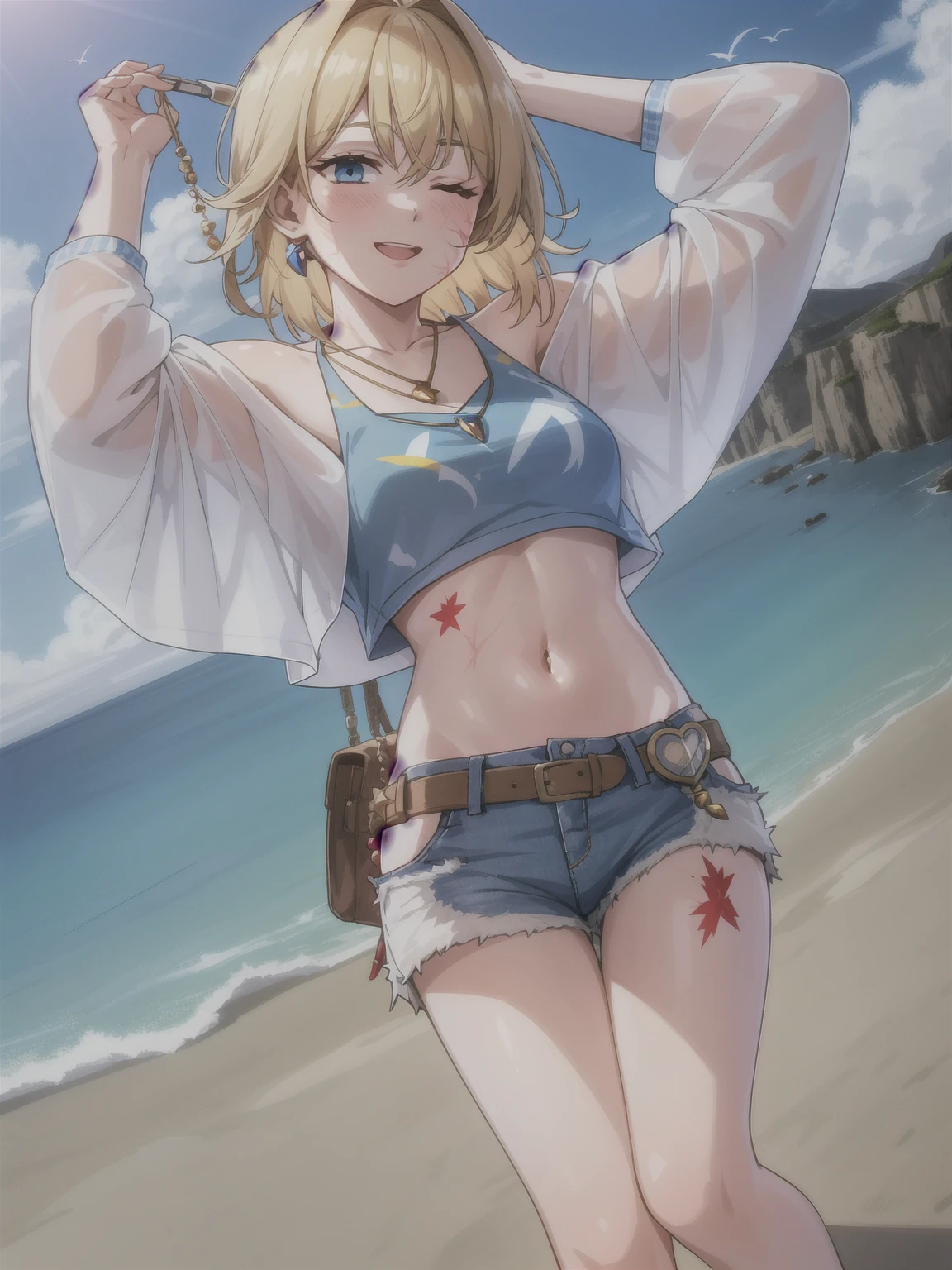 wattson (apex legends), masterpiece, best quality, 1girl, solo, one eye closed, shorts, belt, blue eyes, open mouth, blonde hair, bird, necklace, smile, denim, dove,  (fullbody), navel, looking at viewer, blush, jewelry, denim shorts, arms up, bead necklace, midriff, beads, long sleeves, scar, scar on face, scar on cheek, burn scar, bangs,