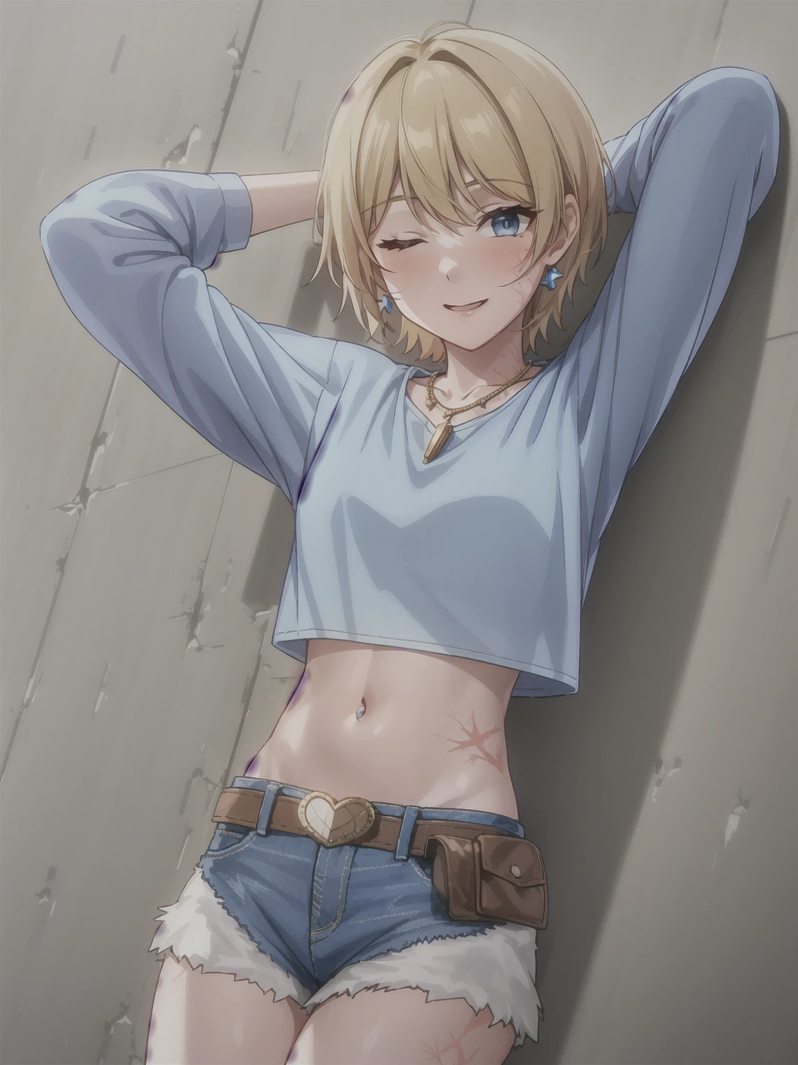 wattson (apex legends), masterpiece, best quality, 1girl, solo, one eye closed, shorts, belt, blue eyes, open mouth, blonde hair, bird, necklace, smile, denim, dove,  (fullbody), navel, looking at viewer, blush, jewelry, denim shorts, arms up, bead necklace, midriff, beads, long sleeves, scar, scar on face, scar on cheek, burn scar, bangs,