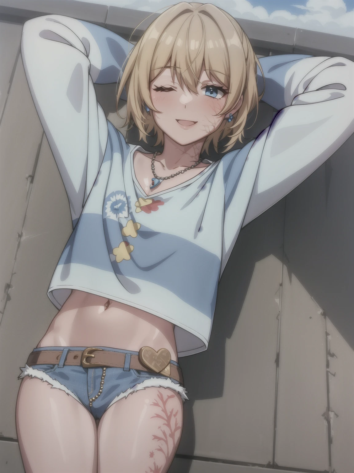 wattson (apex legends), masterpiece, best quality, 1girl, solo, one eye closed, shorts, belt, blue eyes, open mouth, blonde hair, bird, necklace, smile, denim, dove, navel, looking at viewer, blush, jewelry, denim shorts, arms up, bead necklace, midriff, beads, long sleeves, scar, scar on face, scar on cheek, burn scar, bangs,