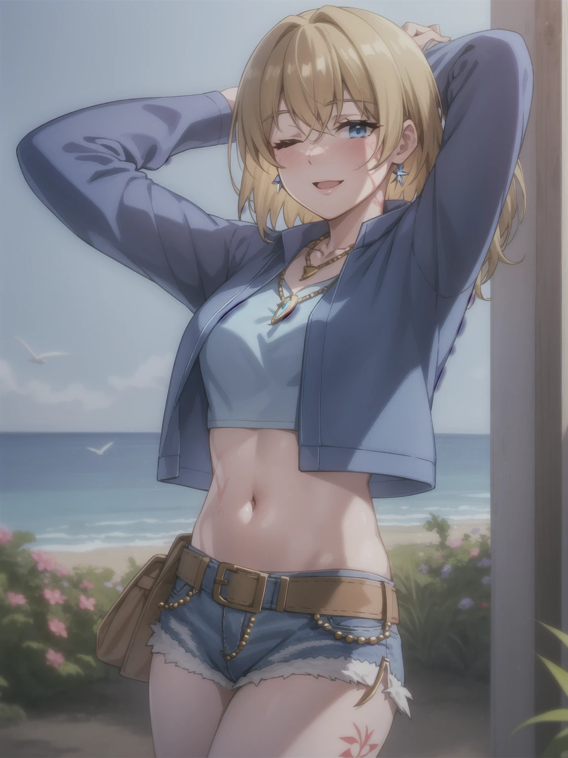 wattson (apex legends), masterpiece, best quality, 1girl, solo, one eye closed, shorts, belt, blue eyes, open mouth, blonde hair, bird, necklace, smile, denim, dove, navel, looking at viewer, blush, jewelry, denim shorts, arms up, bead necklace, midriff, beads, long sleeves, scar, scar on face, scar on cheek, burn scar, bangs,