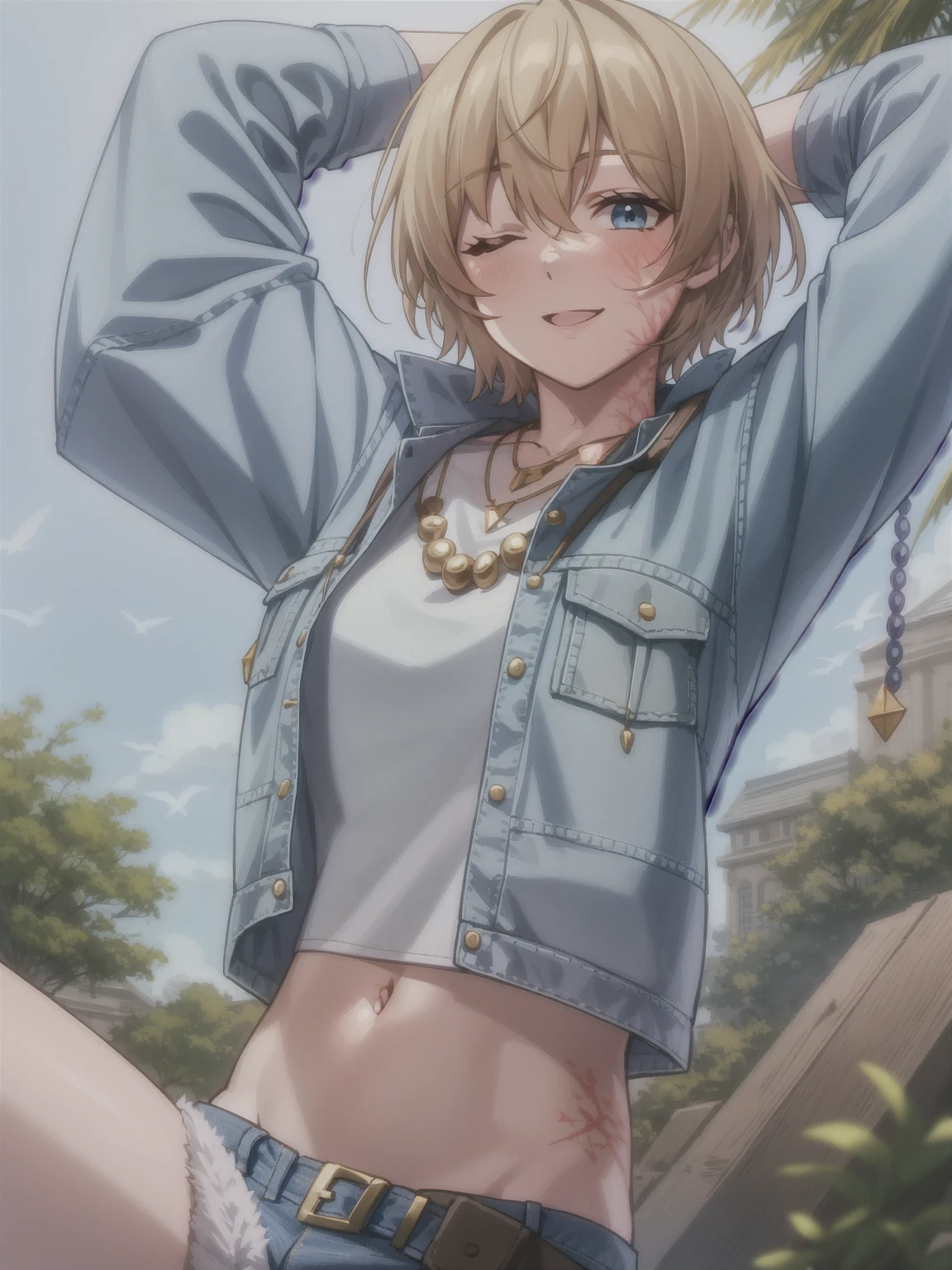 wattson (apex legends), masterpiece, best quality, 1girl, solo, one eye closed, shorts, belt, blue eyes, open mouth, blonde hair, bird, necklace, smile, denim, dove, navel, looking at viewer, blush, jewelry, denim shorts, arms up, bead necklace, midriff, beads, long sleeves, scar, scar on face, scar on cheek, burn scar, bangs,