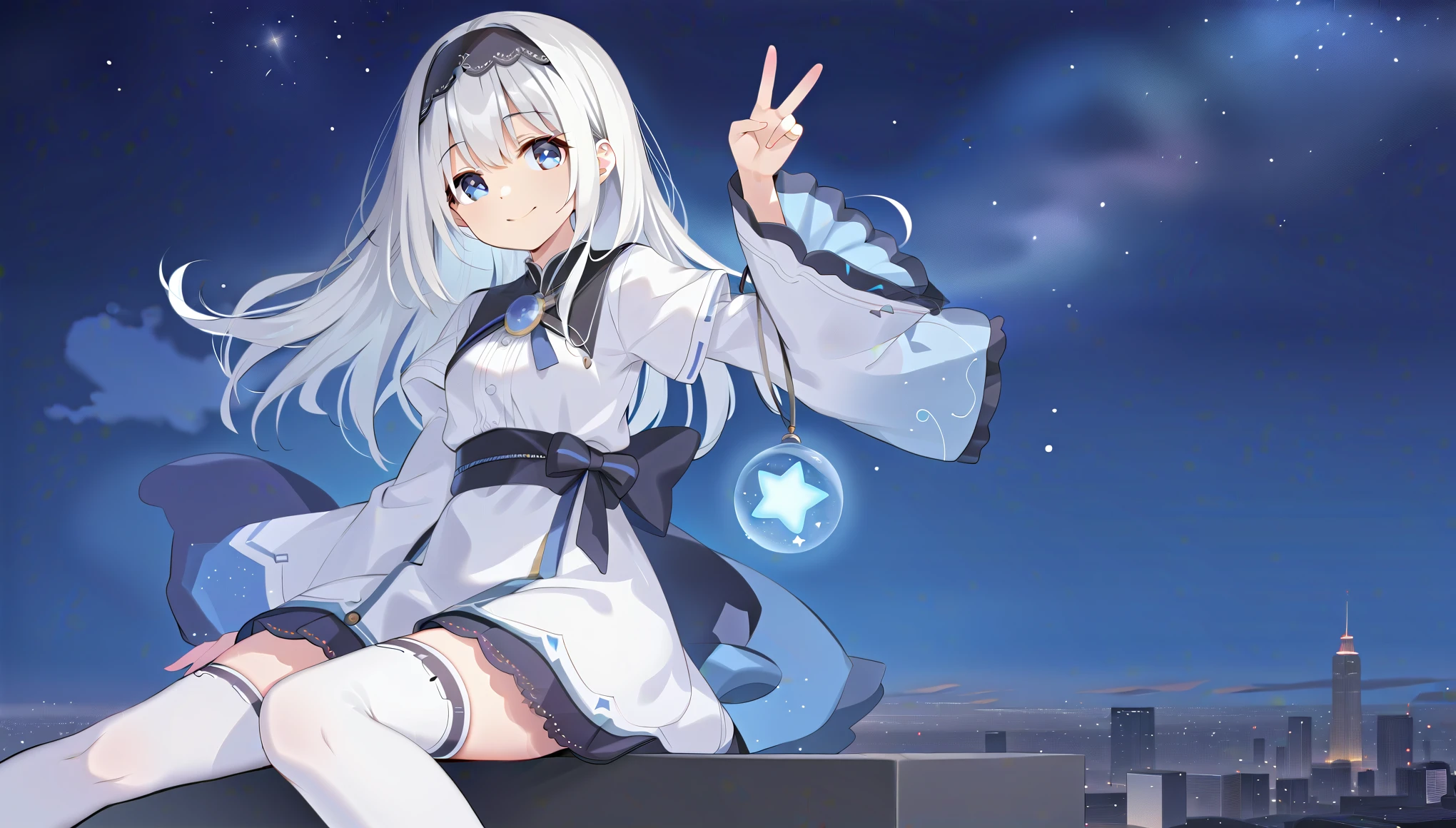 score_9, score_8_up, score_7_up, arusu maria,1girl, solo, long hair, blue eyes, white hair,hair between eyes,white dress,white thighhighs, long sleeves, wide sleeves,black hairband,Face, peace pose, smiling, sit, rised hand, cheerful, black night sky, stars in the sky, universe in the sky, bright eyes, cute pose, ass, feet, chest, arms, curves, face, thighs, hair, city in the far away, night, almost morning