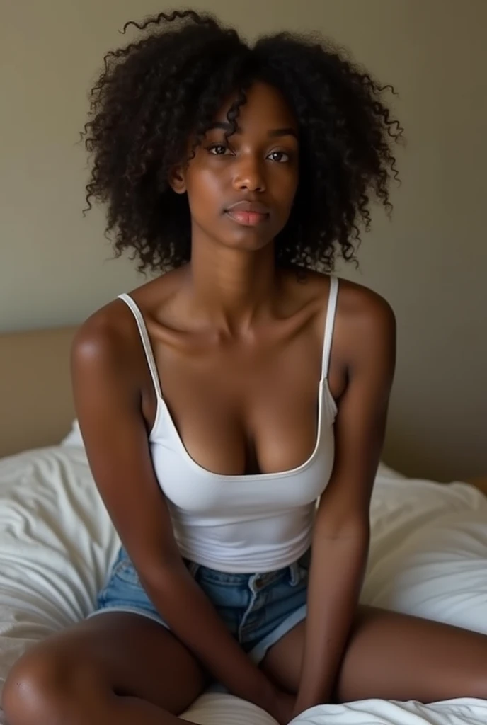 Young ebony lady, slim with gigantic boobs, casual clothes, no makeup, all natural, sitting down