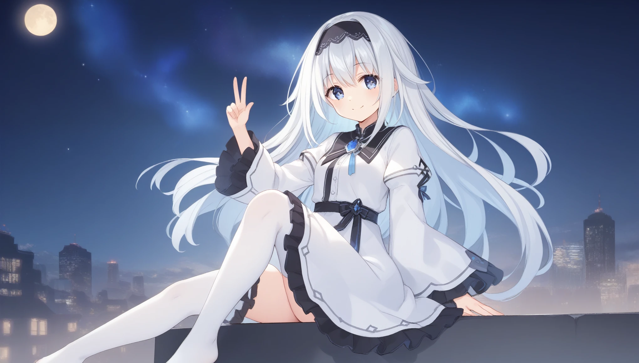 score_9, score_8_up, score_7_up, arusu maria,1girl, solo, long hair, blue eyes, white hair,hair between eyes,white dress,white thighhighs, long sleeves, wide sleeves,black hairband,Face, peace pose, smiling, sit, rised hand, cheerful, black night sky, stars in the sky, universe in the sky, bright eyes, cute pose, ass, feet, chest, arms, curves, face, thighs, hair, city in the far away, night, almost morning