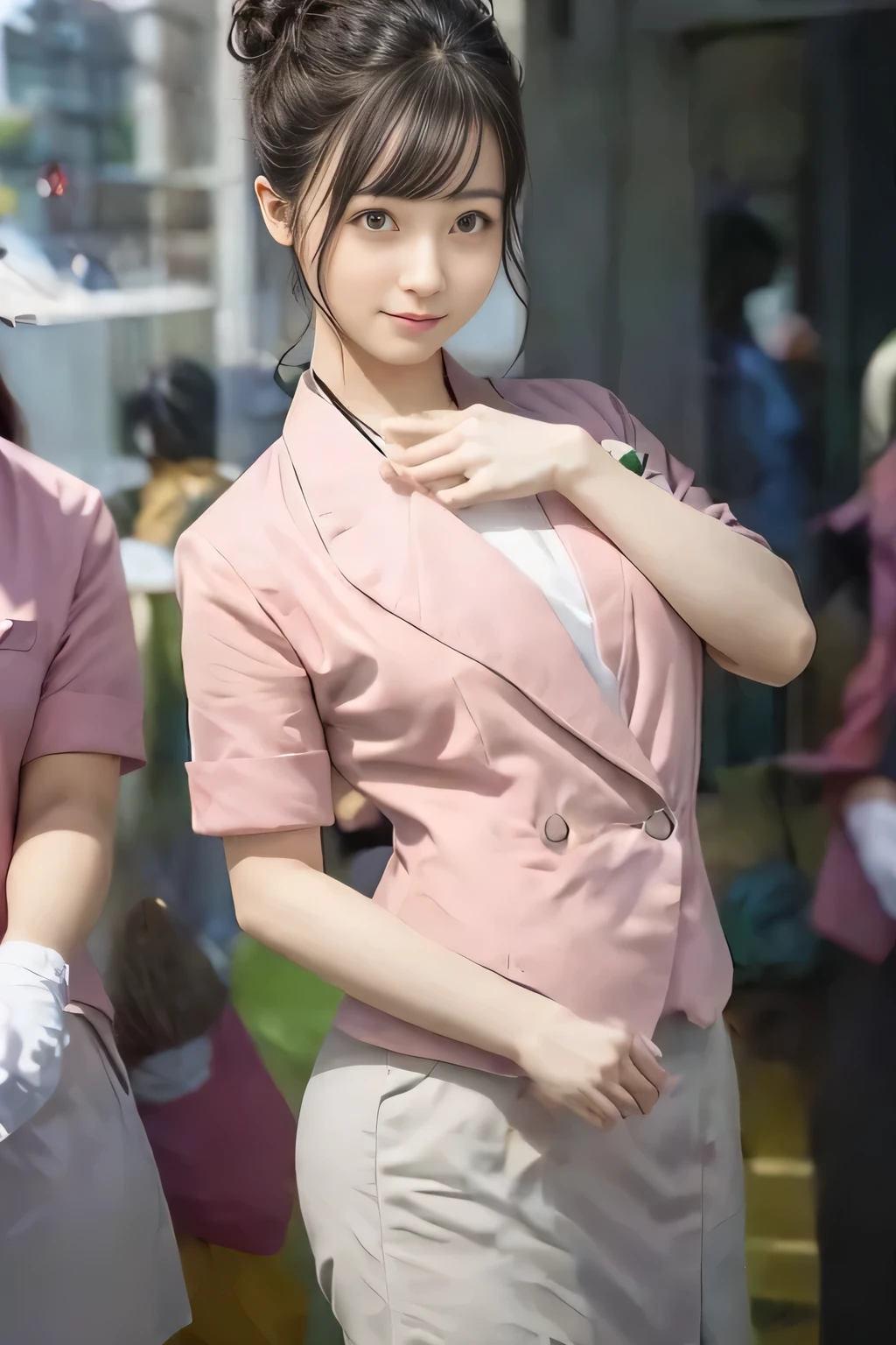 (masterpiece:1.2, highest quality:1.2), 32K HDR, High resolution, (alone、1 girl)、(On the rooftop of a building in the daytime、Professional Lighting)、Building rooftop background、(Nankai train crew uniform pinkを着たリアルスタイル)、(Nankai train crew uniform pink short sleeve collarless pink jacket、Nankai Train Crew Uniform Pink Collarless Short Sleeve Blouse、Nankai Train Crew Uniform Pink Grey Knee-length Culottes)、((The bottom of the pink short-sleeved jacket cannot be tucked into the clay-colored culottes.))、Dark brown hair、(Hair tied up、Hair Bun、Hair Bun)、Dark brown hair、Long Shot、Big Breasts、Thin legs、((Great hands:2.0)),((Harmonious body proportions:1.5)),((Normal limbs:2.0)),((Normal finger:2.0)),((Delicate eyes:2.0)),((Normal eyes:2.0)))、smile、(Nankai Train Crew Uniform Pink Grey Knee-length Culottesを見せた美しい立ち姿)、