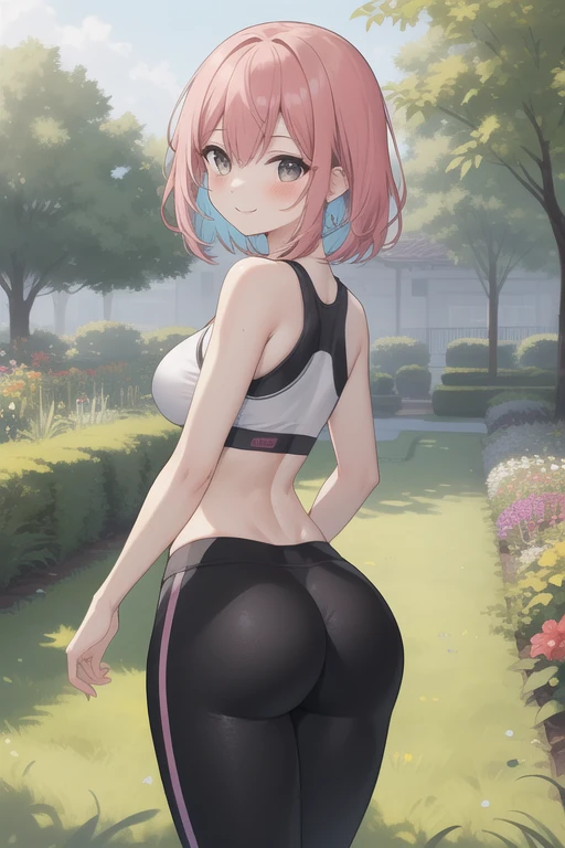 masterpiece,  Highest quality, (Round Breasts,  Medium breast:1.3), Wide Hips, (A light smile), blush,  random colored hair,  solo  Butt, woman, , Sports Bra,  Yoga pants,  Colorful clothing, garden, null, wood々,   Butt focus,  (I had already finished:1.1), Looking Back, (throw, Butt)