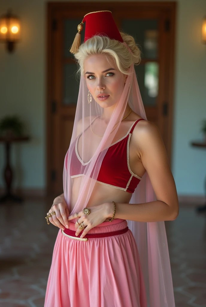 foto de corpo inteiro em grande formato de uma mulher um retrato realista de corpo inteiro Foto de um sonho com jeannie, Genie of the Lamp (((jeannie))) with classic blonde hairstyle, soft pink diaphanous chiffon face veil pulled below the chin, tiny diaphanous soft pink ruffled chiffon top under a tiny, very short open red velvet vest with fine white trim, soft pink chiffon harem pants with diaphanous ruffles at the hips, gathered elastic at ankles and thick red velvet waistband with fine trim and gathered soft pink chiffon inserts, comely, face detailed, perfects eyes, (highly detailed skin:1.1), extremely long blonde hair, disheveled and messy with an extremely long and messy ponytail, hands together,submissive genius pose, narrow shoulders, breasts small, aggressively arched back, bubble butt, full hips, sexy lower belly, soft and slightly rounded, proportional legs of medium length, compact construction, perfect narrow delicate feet wearing small pink flat-soled closed-toe shoes with pointed toes, Thick mascara, soft pink, full lips, hoop earings, slave bands, several rings on several fingers, , Layered Clothes, best qualityer, model shoot style, professional photograpy, photorrealistic, in a bungalow, background bokeh, CRU, analog style, sharp focus, 8k, ultra-high resolution, dslr, high qualiy, Fujifilm XT3, film grain, awardwinning, work of art (Blurry:-1) (Undetailed:-1) (bad quality:-1) (NSFW:-1) (painting-like:-1) (vintage:-1) (へそ:-1) (neckleace:-1.25), great smile