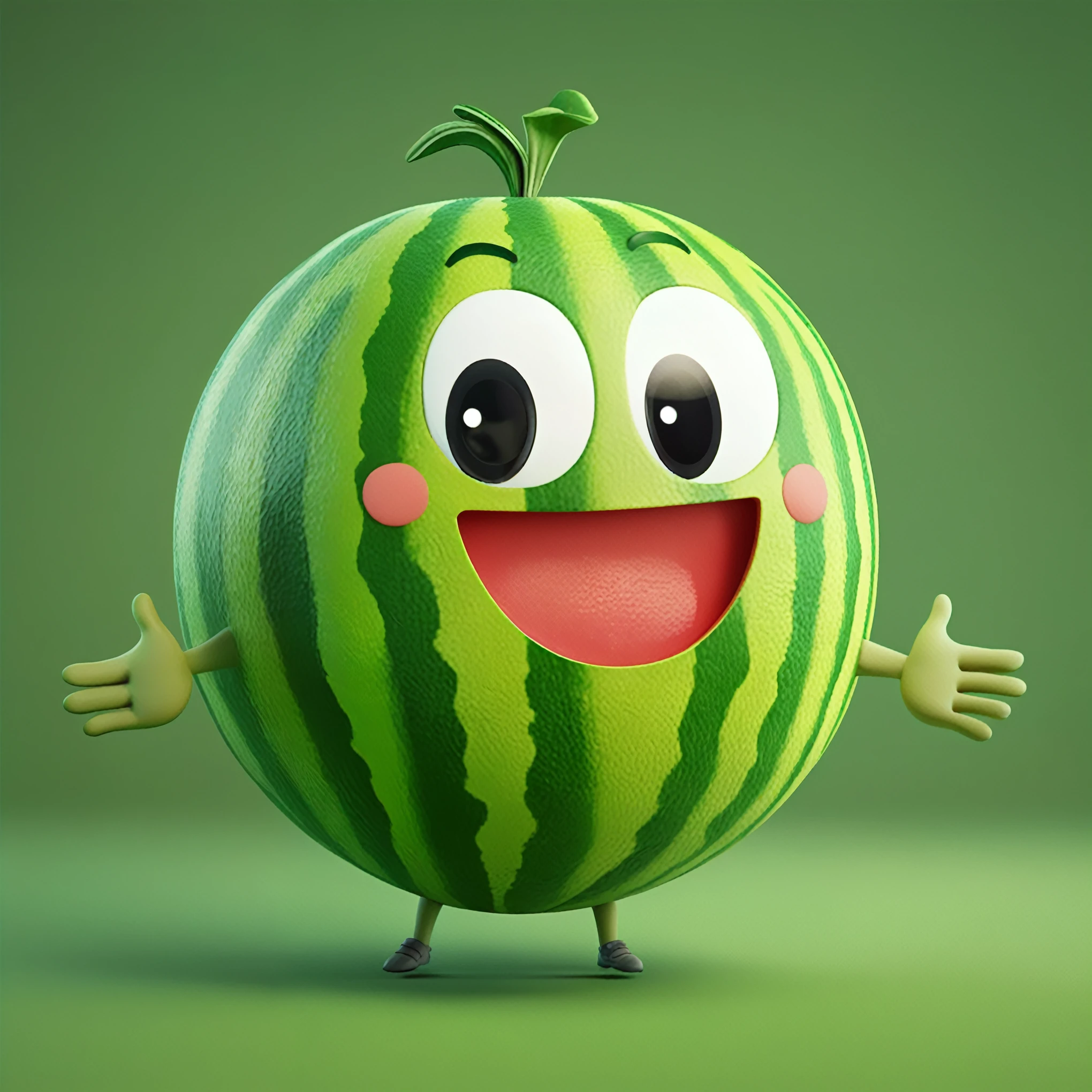 U3D game exquisite icons，3D Disney animation style，Red Cliff、cute fat green watermelon cartoon character logo，Game character design for app icons。Watermelon open hands，Green striped skin，big eyes，Playful nature，Bright colors，Meticulous features。Disney style，