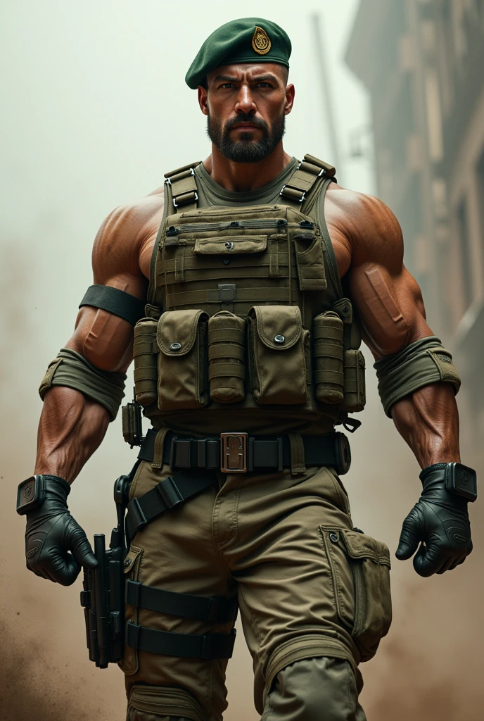 A very handsome big muscular man wearing a soldier combar uniform, with tactical gloves and spec ops green beret, rolled up sleeves, showing biceps, background a battlefield