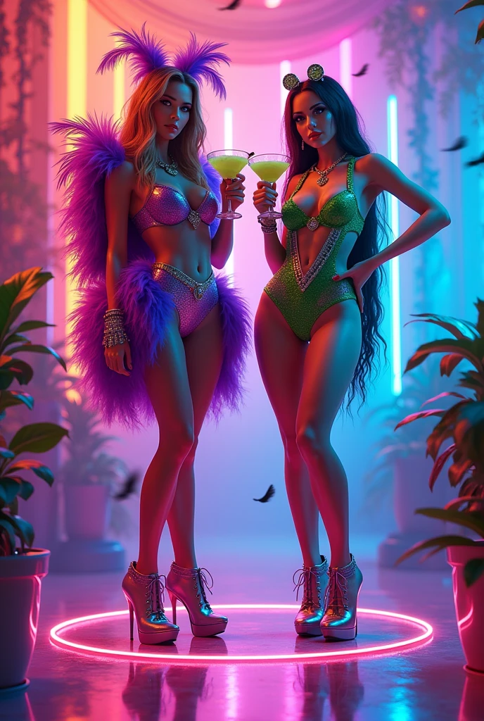 (Photorealism:1.2), two people,black female,Hazel green eye,Prominent nose,long white straight hair with waves, similar to shanina shaik, fantasia x Men,Black strapless bodysuit with gold details,red belt with the letter X buckle,Scenario,fantasy party,indoor space with a vibrant and colorful dance floor, composed of illuminated tiles in various colors. Above the track, there is a chandelier with colorful cloths, including spotlights in shades of purple, blue and pink. The walls are decorated with bright colored ribbons , featuring a variety of white scribbles and lines on a dark background,dj, the woman is drinking,((amiga)),create image,woman Justine Skye blasian,2,long straight fringe hair black waves,Black and tanned skin,full shiny lips with transparent,lip gloss,pirate outfit,background,create image,fancy dress party,eye patch ,indoor space with a vibrant and colorful dance floor,made up of illuminated tiles in various colors. Above the dance floor, there is a chandelier with colorful cloths,including spotlights in shades of purple, blue and pink. The walls are decorated with bright colorful ribbons,lora