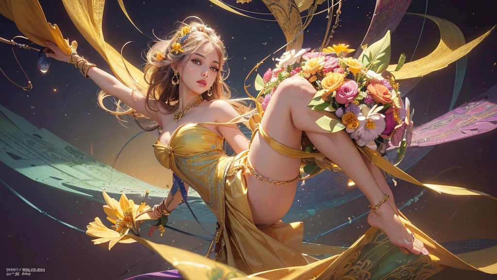 32K, 最高quality, 最高masterpiece, (ultra-Detailed Background, Detailed Background), High resolution, Super detailed, Very detailedな, 1 personの, (bouquet:1.3), (Tangled:1.2), (Geometric:1.2),(colorful),(masterpiece, quality, best quality, Official Art, Beautiful and beautiful:1.2), (1 person:1.3), Very detailed,(colorful:1.1)(Flowers:1.3),Most detailed,(Tangled:1.2), whole body, (Abstract background:1.3), (Skin glows), (Many colors:1.4), ,(Earrings Jewelry:1.5), Pale yellow background, It's imaginative., Milk tea colored hair, Updo,