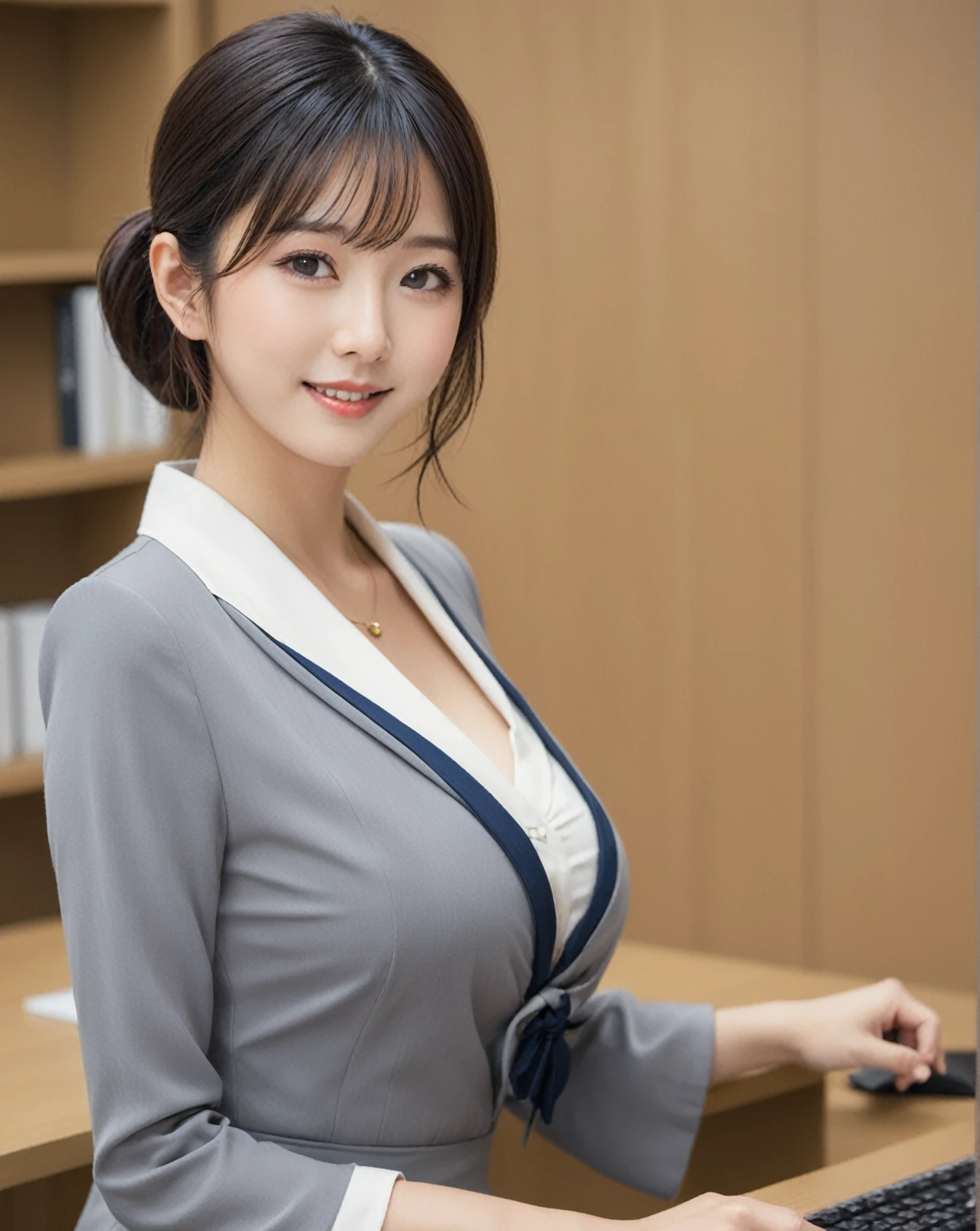 Highest resolution, 4K, Masterpiece: 1.3), A Japanese milf, Sexy: 1.1, fine eyes, Slender figure, Realistic teeth, double eyelids, full body, best quality, detailed, business suits, at the office, big breast, naked