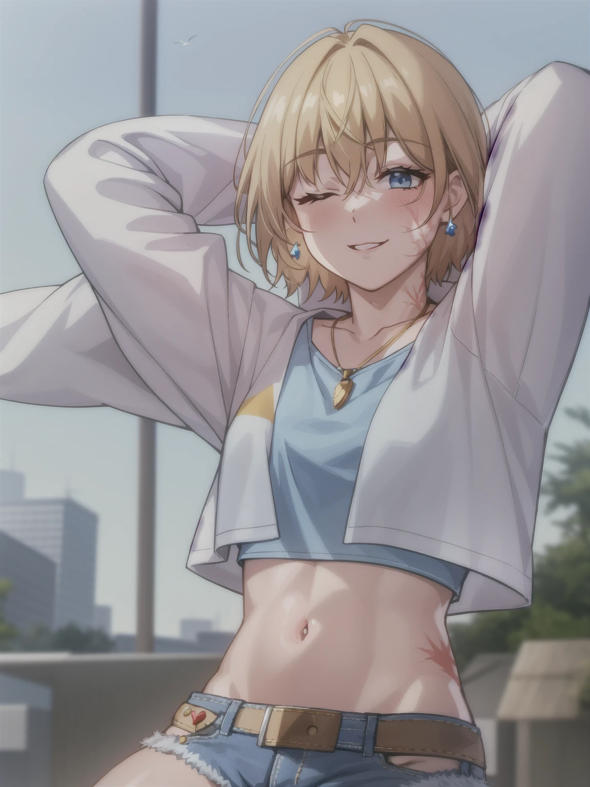 wattson (apex legends), masterpiece, best quality, 1girl, solo, one eye closed, shorts, belt, blue eyes, open mouth, blonde hair, bird, necklace, smile, denim, dove, navel, looking at viewer, blush, jewelry, denim shorts, arms up, bead necklace, midriff, beads, long sleeves, scar, scar on face, scar on cheek, burn scar, bangs,