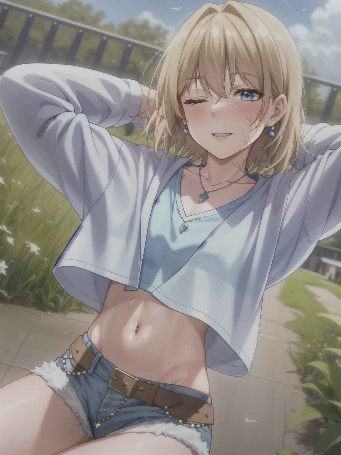 wattson (apex legends), masterpiece, best quality, 1girl, solo, one eye closed, shorts, belt, blue eyes, open mouth, blonde hair, bird, necklace, smile, denim, dove, navel, looking at viewer, blush, jewelry, denim shorts, arms up, bead necklace, midriff, beads, long sleeves, scar, scar on face, scar on cheek, burn scar, bangs,