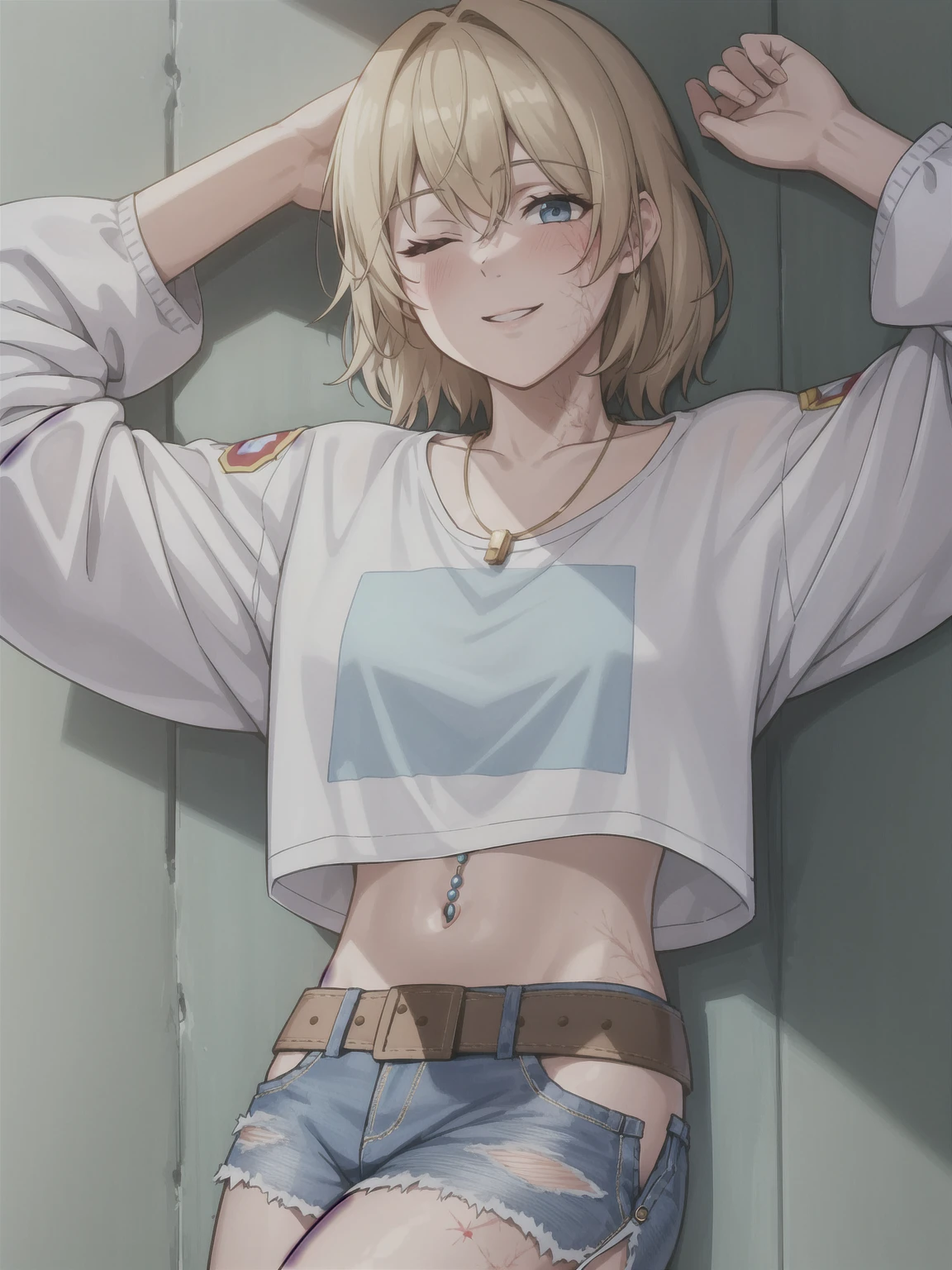 wattson (apex legends), masterpiece, best quality, 1girl, solo, one eye closed, shorts, belt, blue eyes, open mouth, blonde hair, bird, necklace, smile, denim, dove, navel, looking at viewer, blush, jewelry, denim shorts, arms up, bead necklace, midriff, beads, long sleeves, scar, scar on face, scar on cheek, burn scar, bangs,