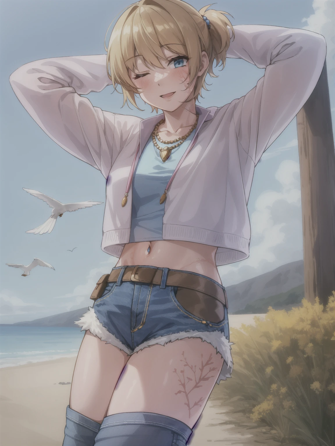 wattson (apex legends), masterpiece, best quality, 1girl, solo, one eye closed, shorts, belt, blue eyes, open mouth, blonde hair, bird, necklace, smile, denim, dove, navel, looking at viewer, blush, jewelry, denim shorts, arms up, bead necklace, midriff, beads, long sleeves, scar, scar on face, scar on cheek, burn scar, bangs,