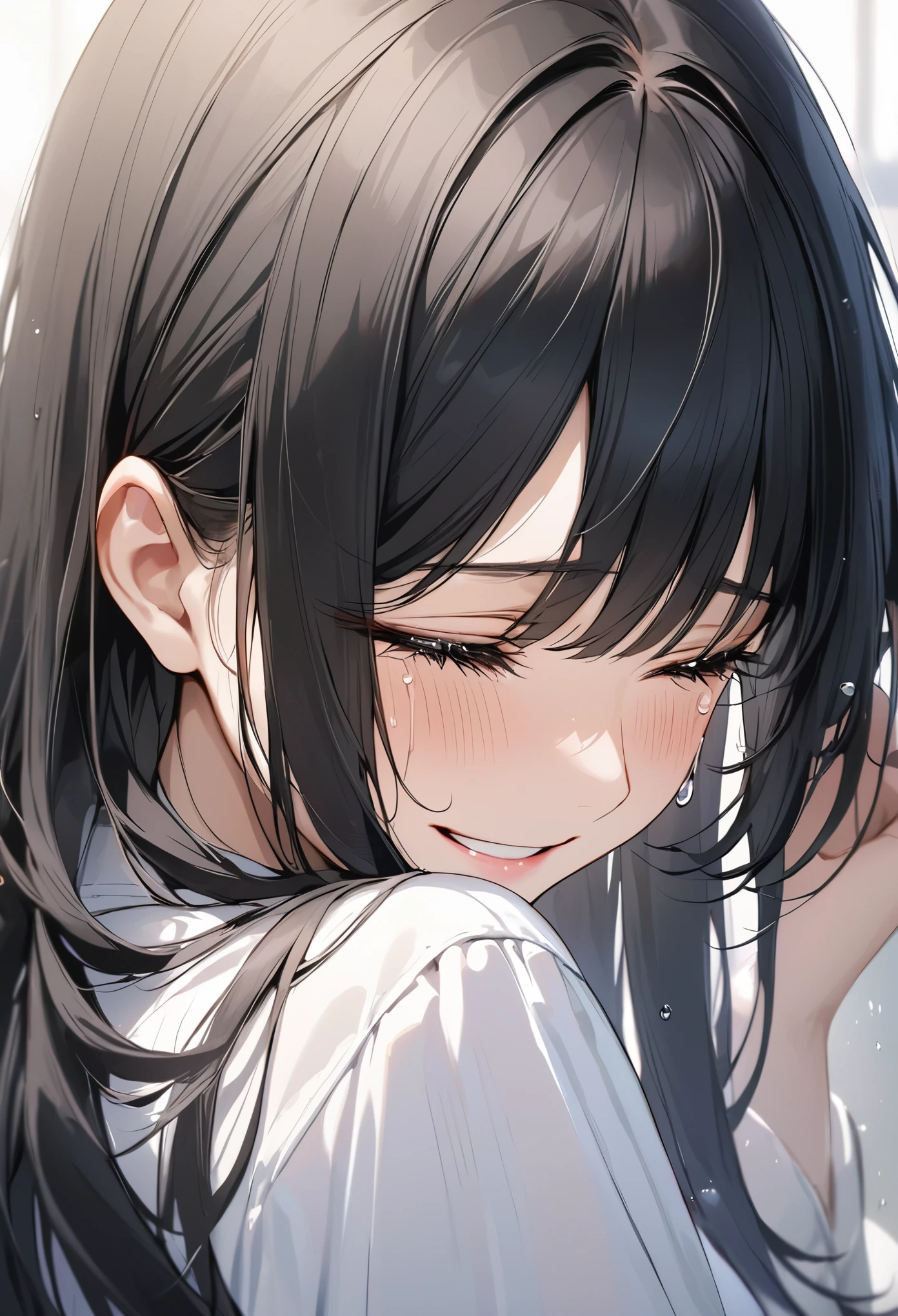 Beautiful smiling beauty、Beautiful woman with sad face、Beautiful woman crying tears of joy、Beautiful black hair、Straight Hair