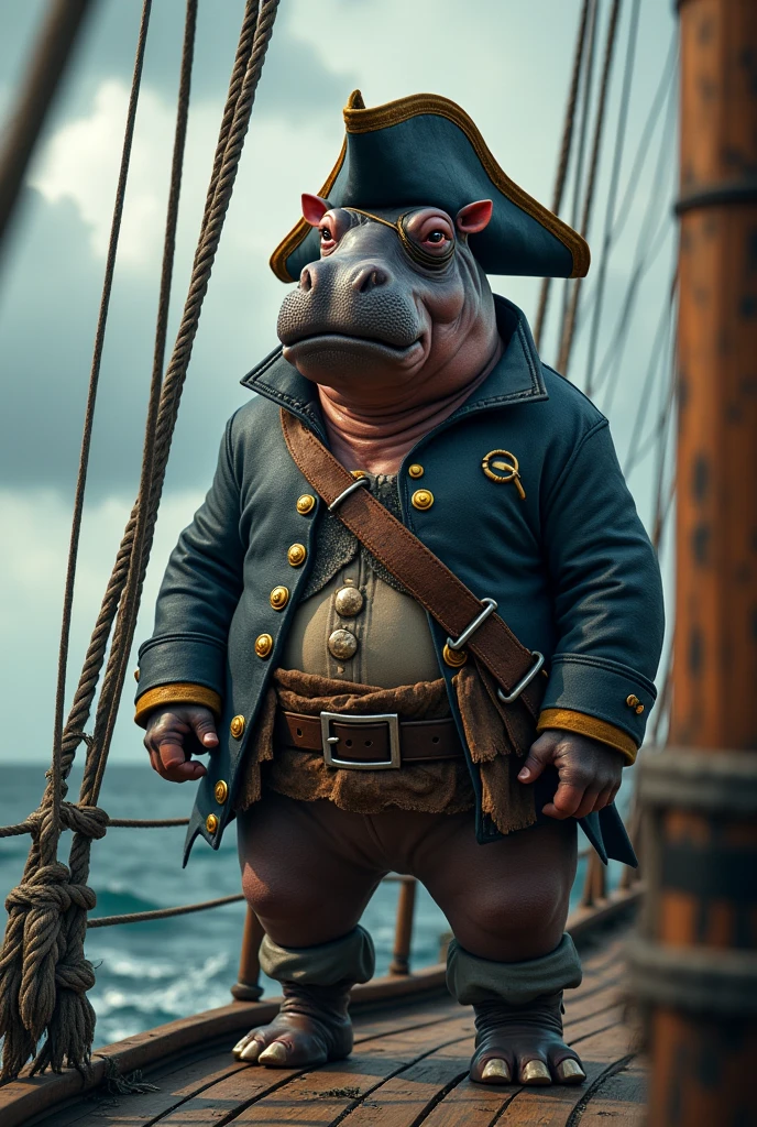<lora:bmV8r:0.85> <lora:more_details:0.9> shading, 8k wallpaper, masterpiece, highest quality, detailed background, detailed face, detailed eyes,
hippopotamus, (overweight:1.0), (standing:1.0), (glare:1.0), (looking angry:1.0), (side view:1.3), pirate ship scenery, sky, green eyes, (gloves:1.3), nipples, belly, navel, (hairy:0.8),
(dirty clothes:1.0), (neck scarf:1.0), (pirate hat:1.0), (earring:1.0), (nipple piercing:1.0), (pirate pants:1.0), (pirate trenchcoat:1.4), (pirate shoes:1.0), belt, bracelet