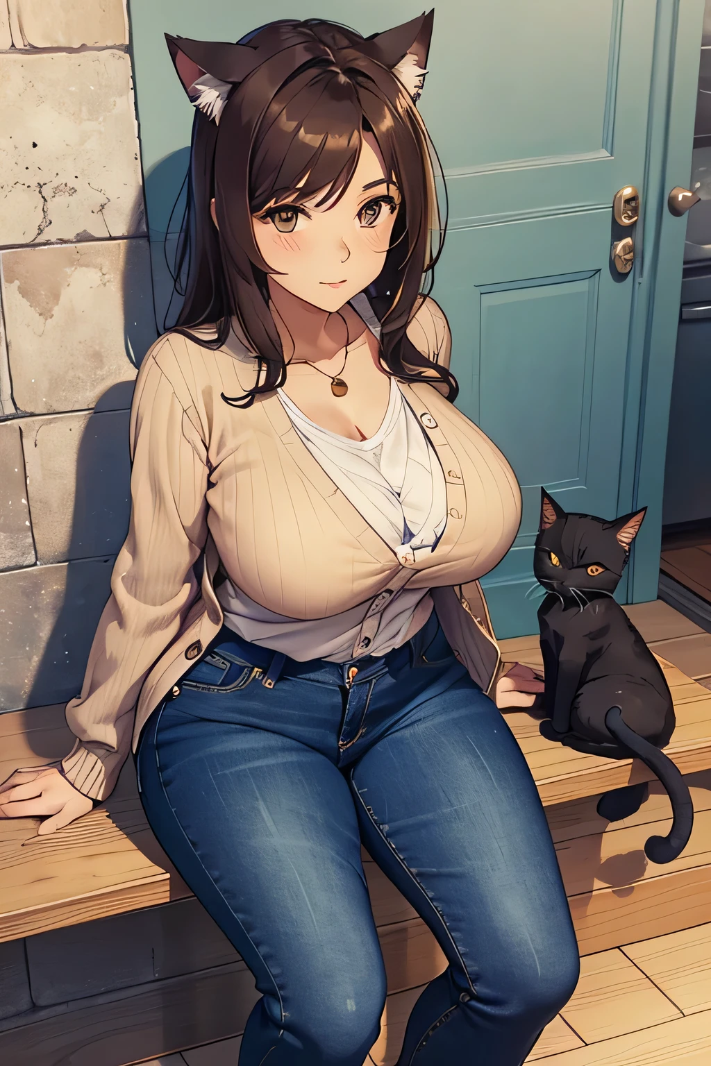 , woman ,age 30,Jeans, blouse should be tight enough to flatter the figure, but not too tight.
cardigan adds a touch of warmth and comfort.
The shoes, big breasts, shoulder-length brown hair,cat ears, cat tail