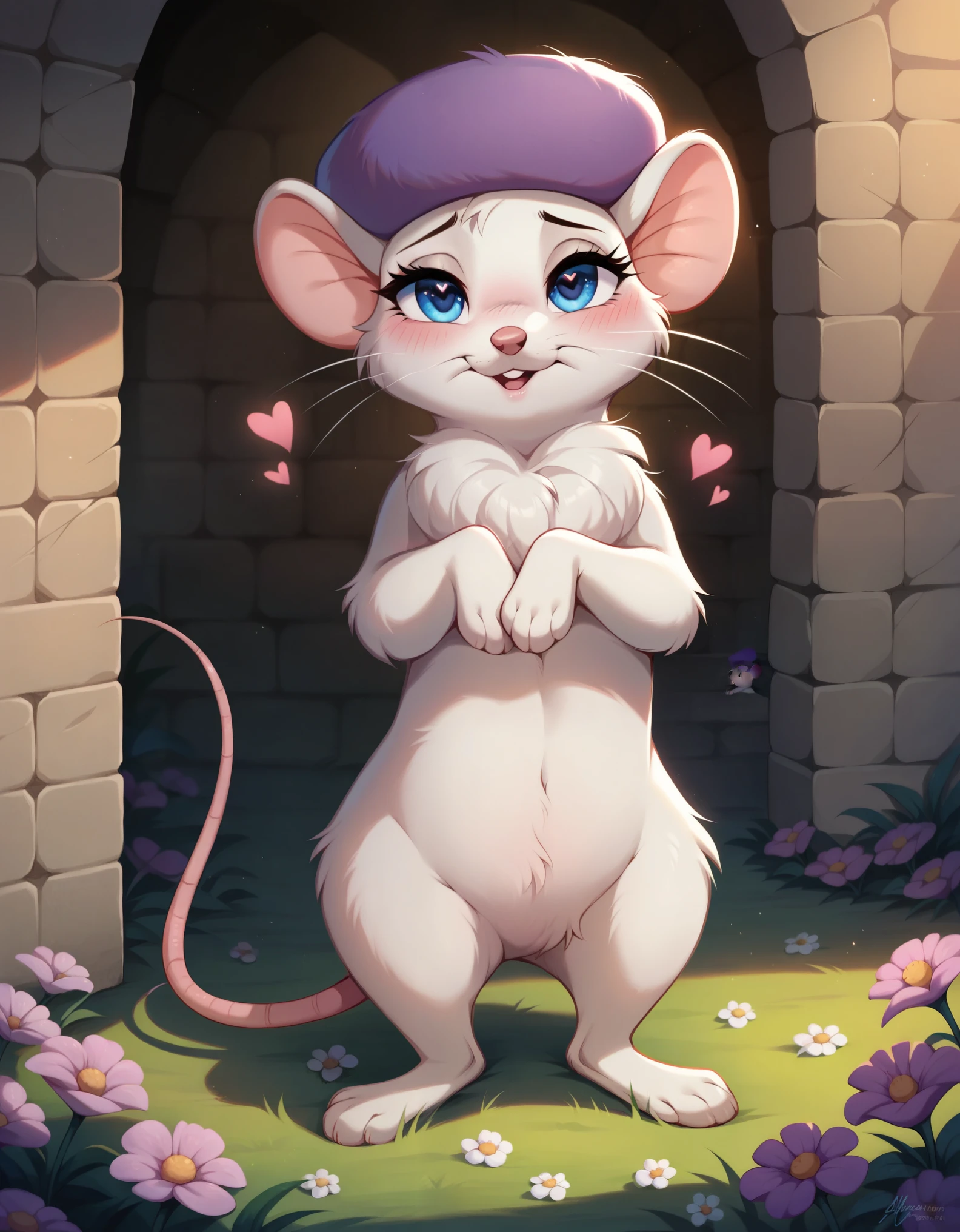 (((score_9, score_8_up, score_8, furry, female, feral))), (((solo, bianca, mouse, hat))), (((whiskers, blue eyes, eye lashes, crotch tuft, white fur, chest tuft))), rodent, teeth (masterpiece, best quality, hires, high resolution:1.2, detailed background), (((dungeon, flowers, grass))), heart, (((pleasured, cute, detailed eyes, bedroom eyes))), (((pleasured))), (((panting, crotch, crotch))), (((hearts, shy, shy, shy))), (((love, blushing, feral, feral))),