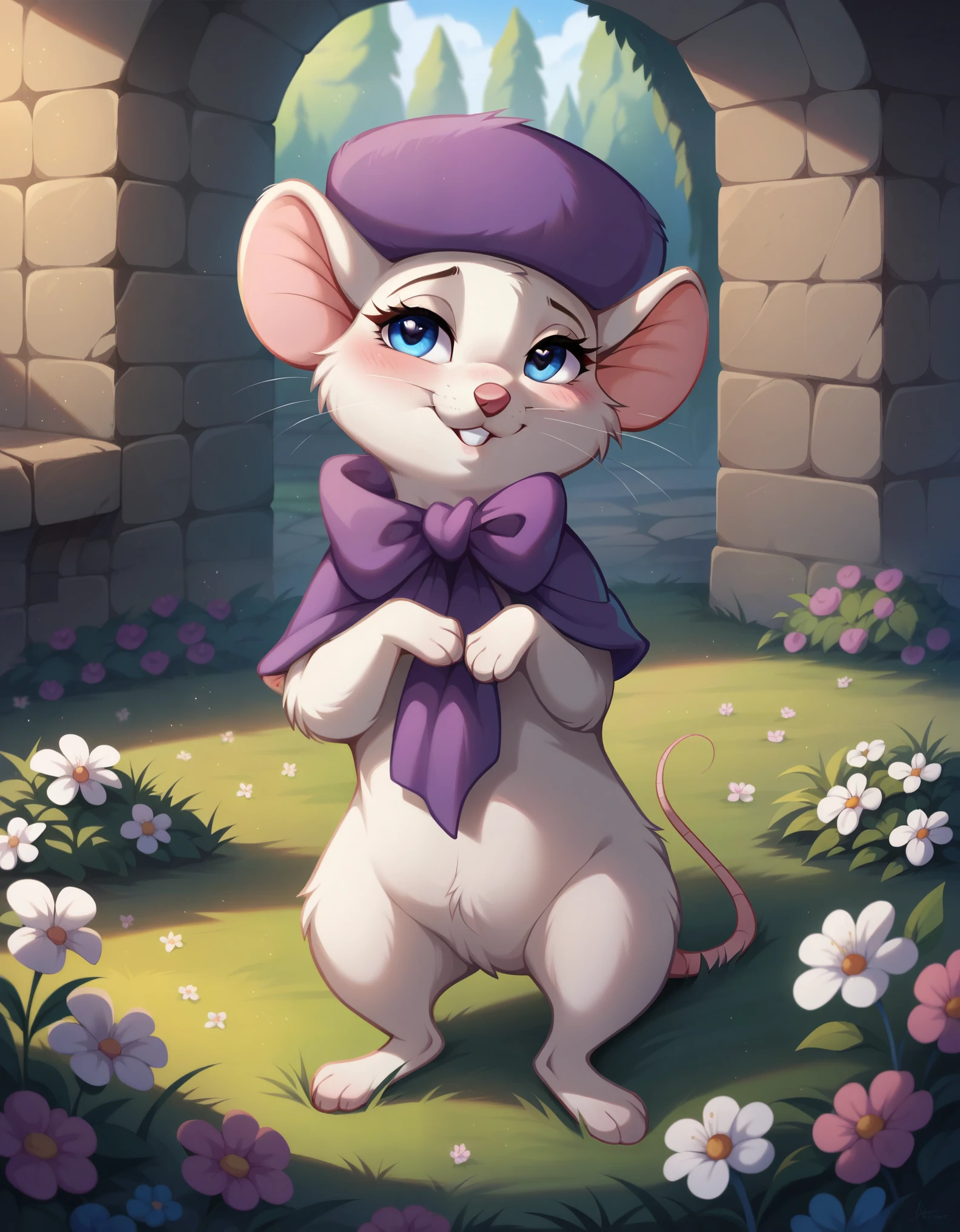 (score_9, score_8_up, score_8, furry, female, feral), (solo, bianca, mouse, hat), (whiskers, blue eyes, eye lashes, crotch tuft, white fur, chest tuft), rodent, teeth (masterpiece, best quality, hires, high resolution, detailed background), (dungeon, flowers, grass), heart, (pleasured, cute, detailed eyes, bedroom eyes), (pleasured), (panting, crotch, crotch), (hearts, shy, shy, shy), (love, blushing, feral, feral),