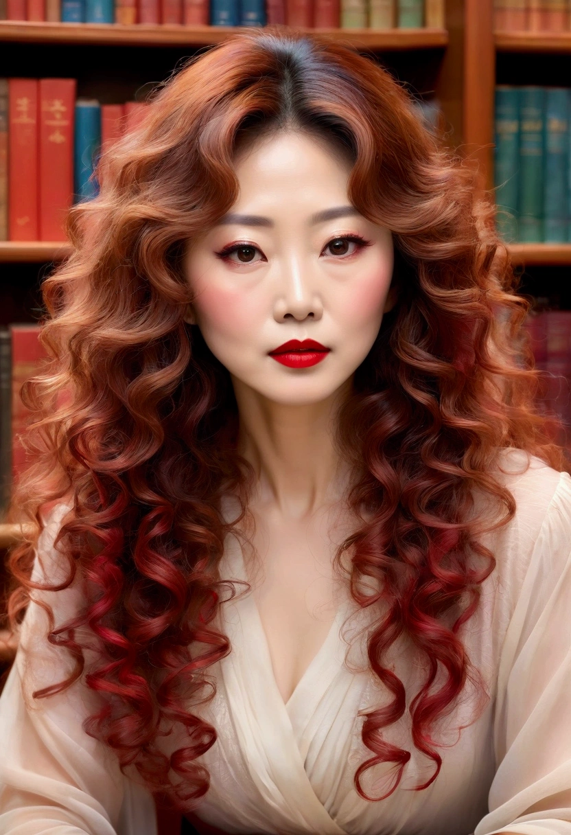 A mature Japanese woman with bright brown long curly hair, beautiful makeup, and bright red lipstick. She is sitting in a library, facing forward with her entire face visible, and her gaze directed straight ahead. The style is watercolor, with soft brushstrokes and transparent overlapping colors. The blending and blurring of colors create a beautiful, ethereal effect, with a soft boundary between the background and the figure, giving the image a dreamlike quality.