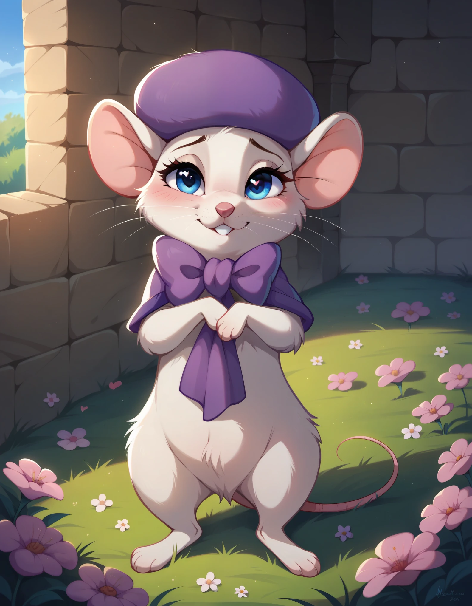 (score_9, score_8_up, score_8, furry, female, feral), (solo, bianca, mouse, hat), (whiskers, blue eyes, eye lashes, crotch tuft, white fur, chest tuft), rodent, teeth (masterpiece, best quality, hires, high resolution, detailed background), (dungeon, flowers, grass), heart, (pleasured, cute, detailed eyes, bedroom eyes), (pleasured), (panting, crotch, crotch), (hearts, shy, shy, shy), (love, blushing, feral, feral),