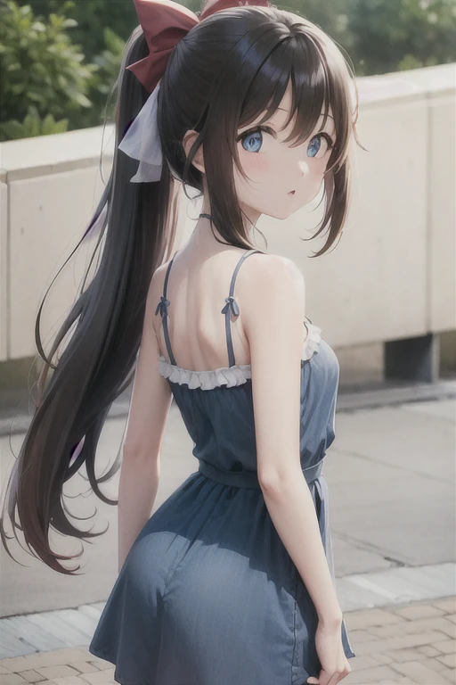 One Girl, Black Hair，length，Straight Hair，Red hair ribbon，blue eyes，Sakurazaka Shizuku，cute，noon，Outdoor，Light blue camisole dress，blush，Standing posture，ponytail