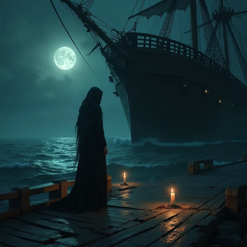 A female pirate with black hair from behind wearing pirate robes on her ship with a black flag with a red skull on the high seas at night, just a shadow of the woman, nothing very clear