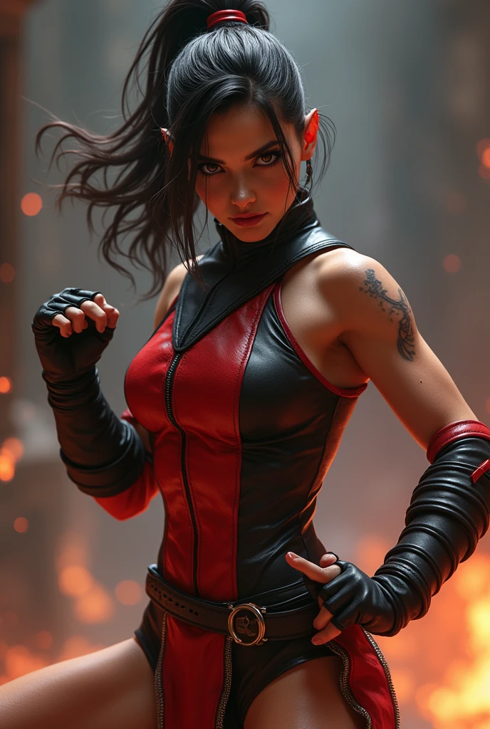 Ultra realistic photo of alexandra daddario in black crop top with dragon tattoos