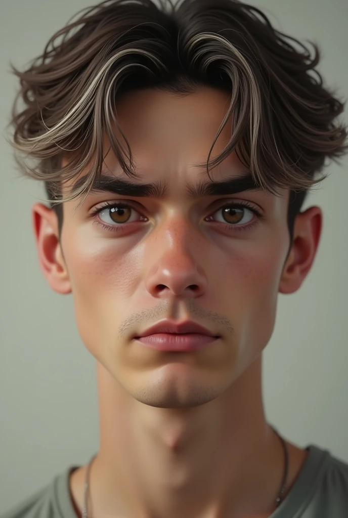 a young man&#39;s face with a serious expression. The skin is light in tone, with dark, thick eyebrows. The eyes are slightly narrow, the lips are medium and there is a little shadow around the chin and lips. The hair appears to be short and dyed a brown or platinum shade at the ends.. And ultra realistic and natural 