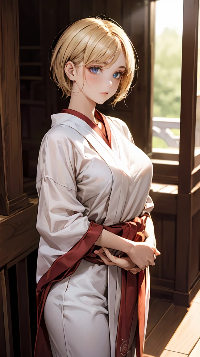 (masterpiece:1.2, highest quality), (realistic, photorealistic:1.4), beautiful illustrations, (natural side lighting, movie lighting), looking at the viewer, Upper body, (front view), 1 girl, perfect face, Cute symmetrical face, shiny skin, baby face, long eyelash, (large breasts), (wide hips),beautiful hair, beautiful face, detailed and beautiful eyes, beautiful body, beautiful breasts, beautiful thighs, beautiful feet, beautiful fingers,(beautiful scenery),(cute smile:1.2, upper eye),Beautiful girl,perfect body line,(short hair:1.2),(buzz cut),(blonde hair:1.5),(Suntanned skin:1.25),(plump:0.7),(hime cut:1.2),Fantastical Atmosphere, Calming Palette, Tranquil Mood, Soft Shading, Miko priestess, charm spell, talisman familiar, shrine maiden duties,(Clothes that fit snugly in the chest area:1.2),(side boob),