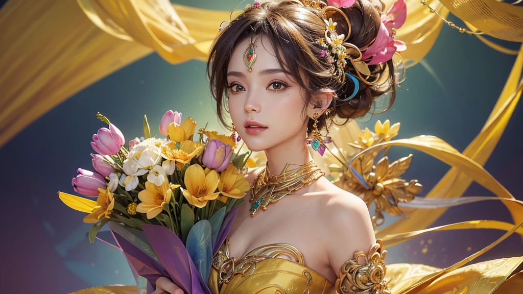 32K, 最高quality, 最高masterpiece, (ultra-Detailed Background, Detailed Background), High resolution, Super detailed, Very detailedな, One girl, (bouquet:1.3), (Tangled:1.2), (Geometric:1.2),(colorful),(masterpiece, quality, best quality, Official Art, Beautiful and beautiful:1.2), (1 girl:1.3), Very detailed,(colorful:1.1)(Flowers:1.3),Most detailed,(Tangled:1.2), whole body, (Abstract background:1.3), (Skin glows), (Many colors:1.4), ,(Earrings Jewelry:1.5), Pale Red Background,