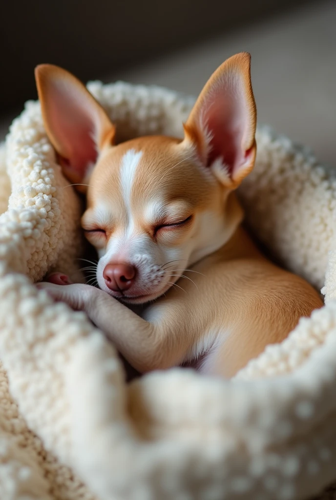 Chihuahua sleeping on his back in a crib wearing baby clothes