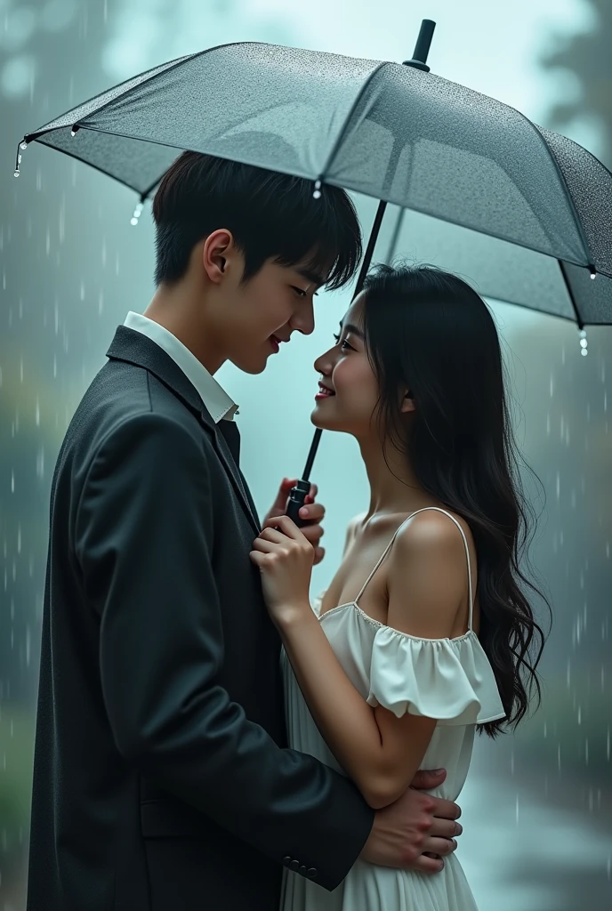 Couple sharing romantic moments under the rain