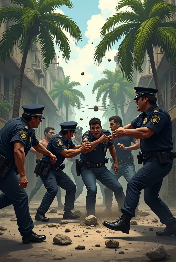 A cartoon scene of police arresting people chewing gum in the streets of Singapore, in a humorous and exaggerated style.