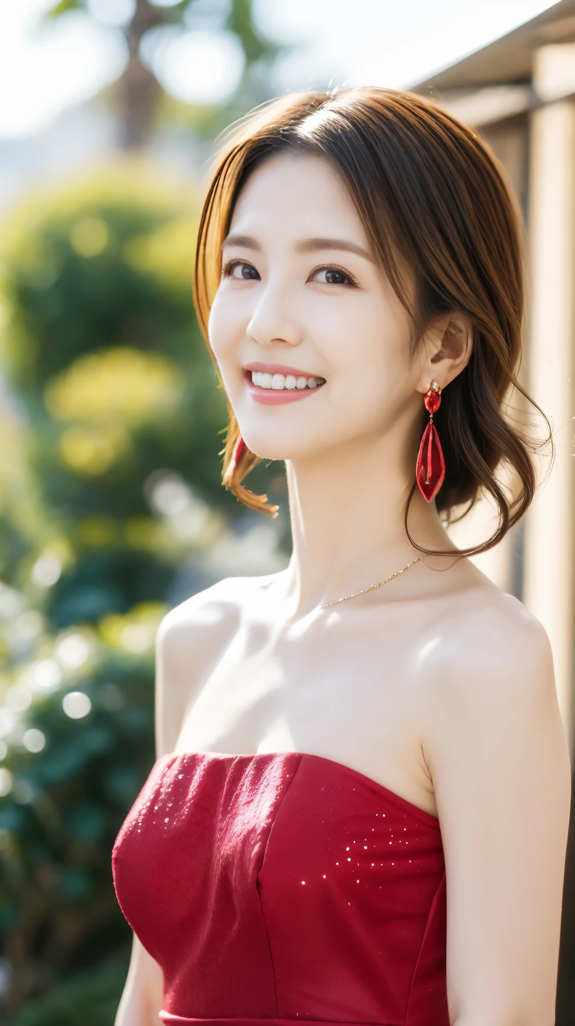 Highest quality,masterpiece,Ultra-high resolution,４５Elderly Japanese woman，The best smile，whole body，Sexy and gorgeous red dress，High heels，Curly Hair，Large ring earrings，Beautiful Necklace，