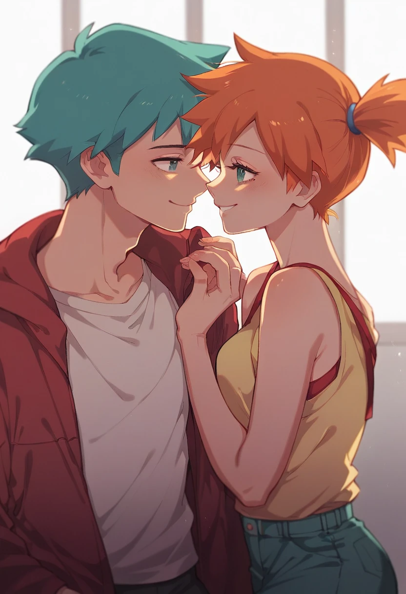 Character pokemon Misty, Ash, 1 girl , 1 guy , pokemon couple. A young couple in love,romantic couple,smiling faces facing each other,close intimacy,background blurred,high quality,artistic feel,movie-like atmosphere,luxurious lighting