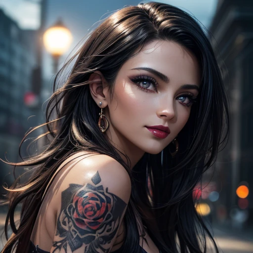 (best quality, 4K, 8K, high resolution, masterpiece: 1.2), ultra-detailed, (realistic, photorealistic, photorealistic: 1.37), portraits, a girl in an off-shoulder t-shirt, (ripped pants: 1.3), night street lit by moonlight, sky, trembling clouds, detailed landscape, cinematic lighting, vivid colors. Looking at viewer, (medium messy hair, black hair: 1.2), ear piercing, mascara, smoky eyes, (bright eyes: 1.3), eyeliner, (intricate details on red eyes), glossy lips, smile smooth, dark lipstick: 1.2), body covered in tattoos, authentic skin texture, organic skin, glowing skin, Realism, (Perfect body beauty: 1.4), high details, Masterpiece, best quality, high resolution , lots of details, precise illustration in every detail, ultra sharp, high resolution and depth of field.